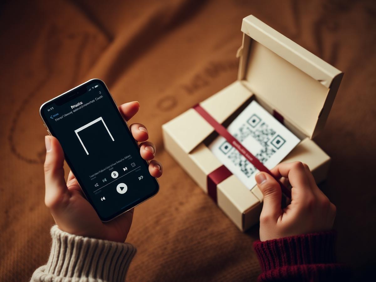Телефон сканира QR кода от картичката и пуска песента